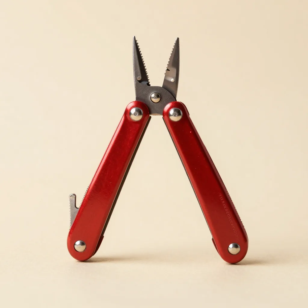A red compact Swiss multi-tool on a light background