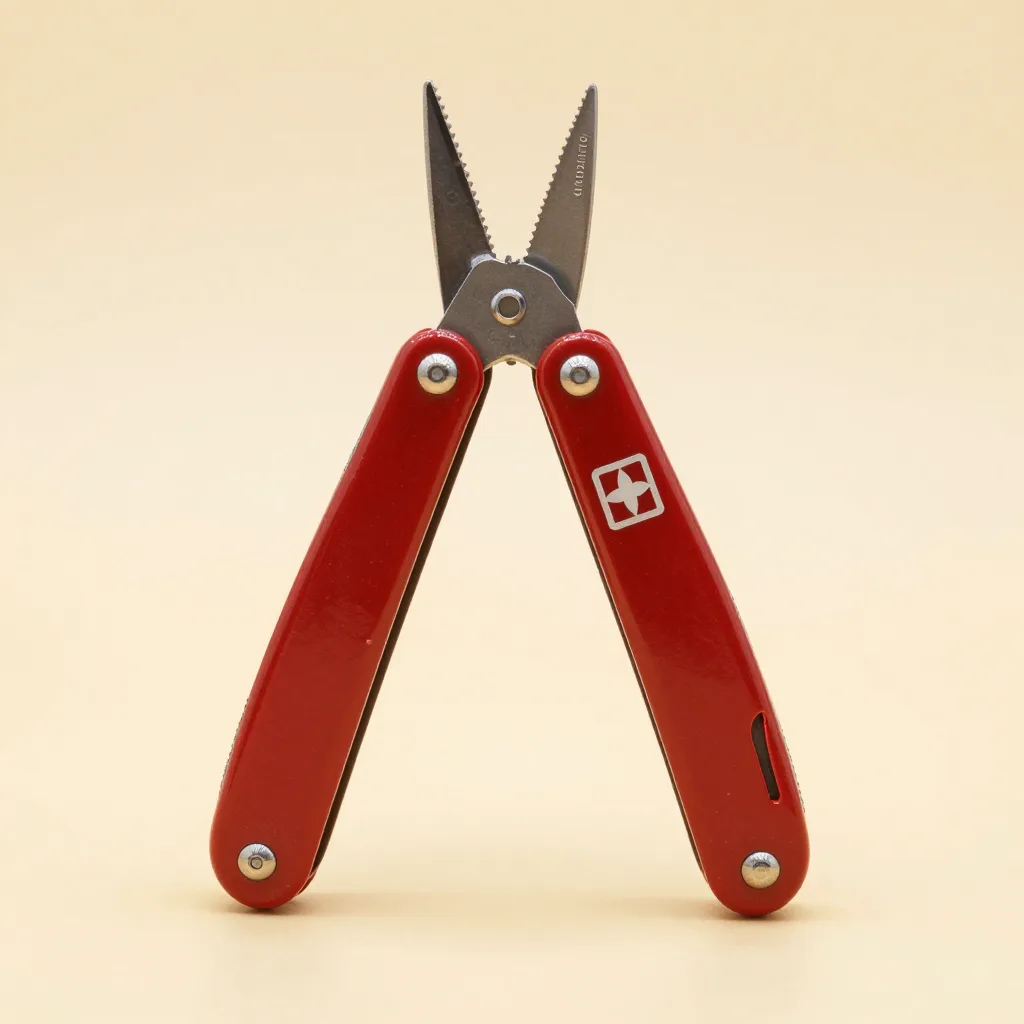 A classic Swiss multi-tool in red on a light background
