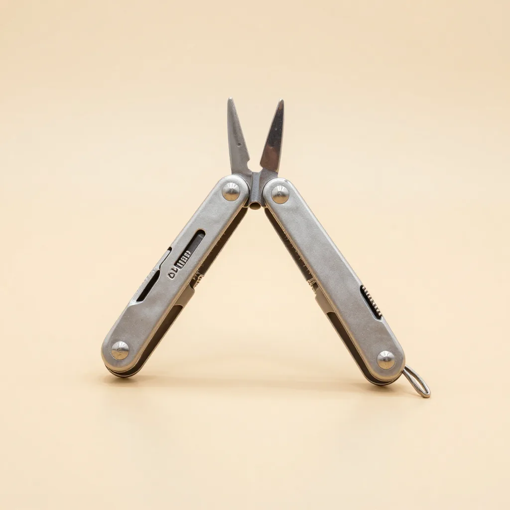 A small keychain Swiss multi-tool on a light background