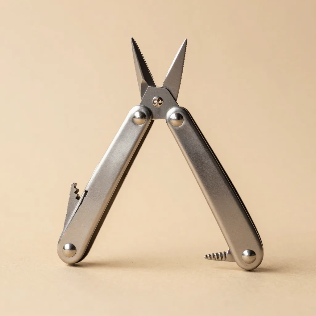 A silver classic Swiss multi-tool on a light background