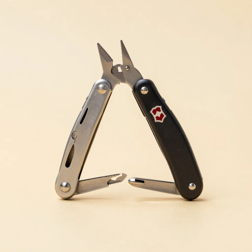 A compact and a classic Swiss multi-tool together on a light background