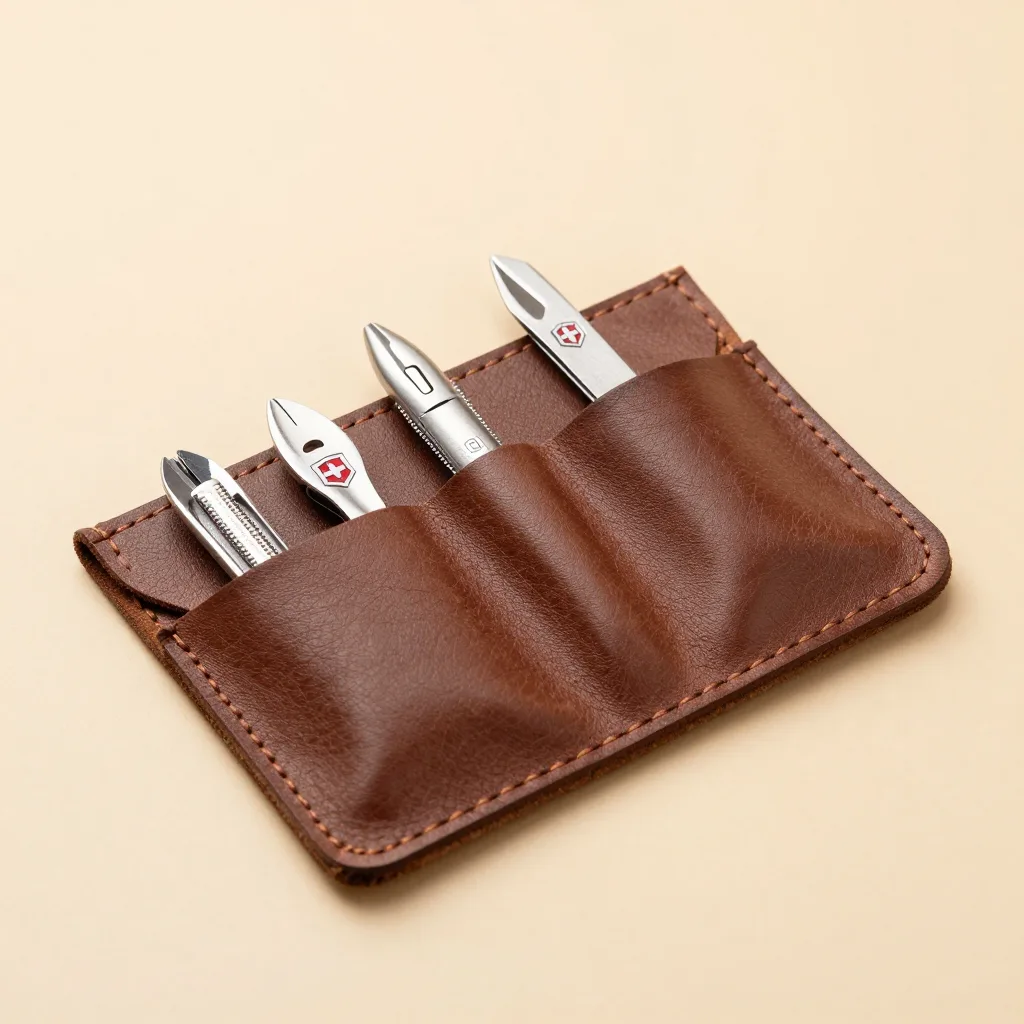 A pocket kit gift set of Swiss tools in a leather pouch on a light background